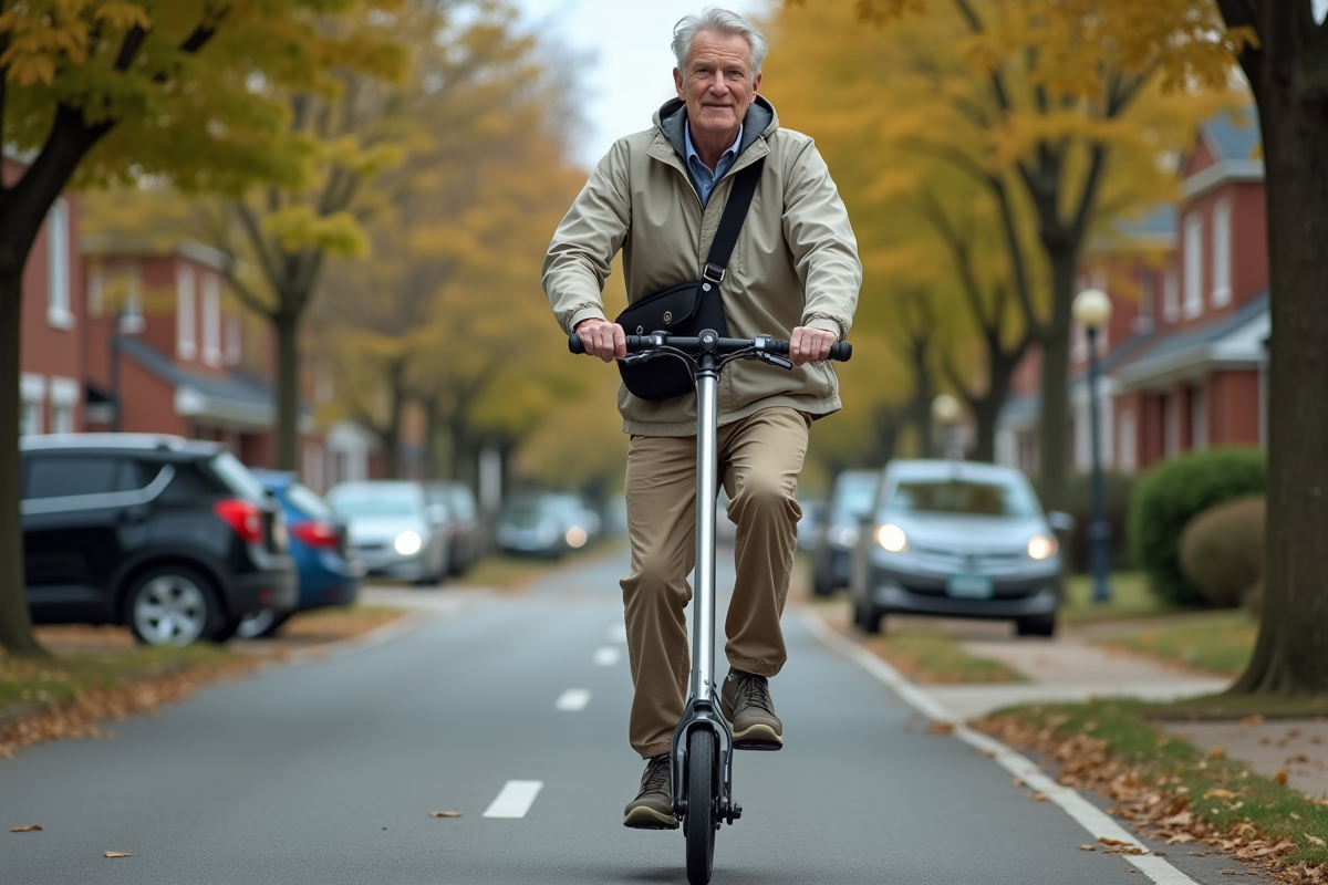 Homme d age en scooter dans quartier résidentiel