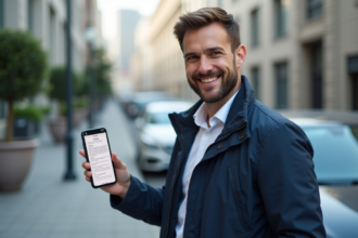 Homme debout avec smartphone et document en ville