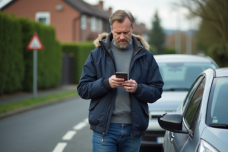 Homme d'âge moyen utilisant son smartphone à côté de sa voiture