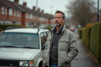 Homme pensif à côté d'un SUV dans un quartier résidentiel