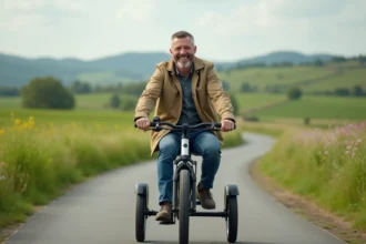 Homme d'âge moyen en trike dans la nature verdoyante