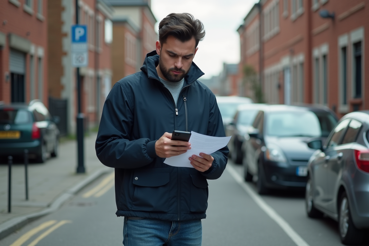 Homme anxieux avec papiers devant sa voiture en ville