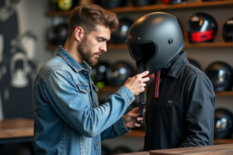 Jeune homme inspectant un casque moto mat noir