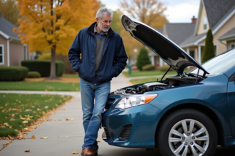 Homme d'âge moyen regardant le moteur de sa voiture