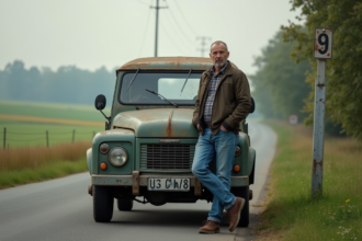 Homme d'âge moyen appuyé contre une vieille voiture diesel dans la campagne