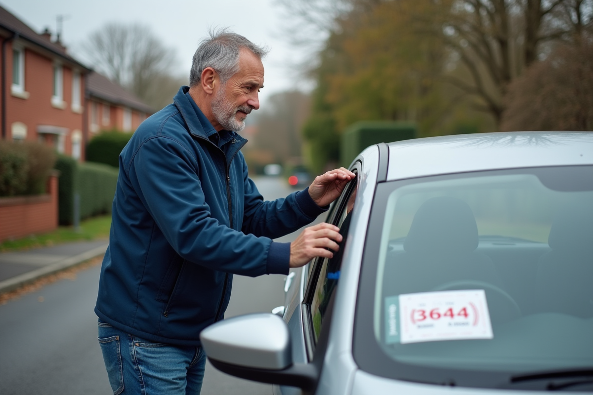 Homme vérifiant un sticker d inspection sur sa voiture dans un quartier résidentiel