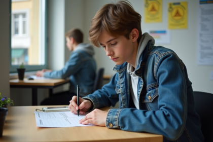 Adolescent français remplissant un formulaire de permis scooter en bureau