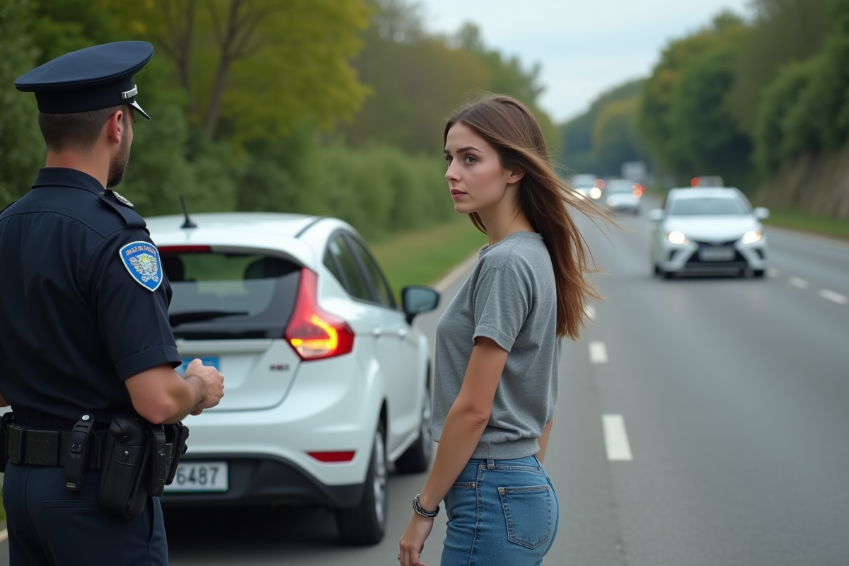 Jeune femme anxieuse près de sa voiture contrôlée