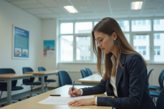 Jeune femme en tenue professionnelle inscrivant des papiers dans une autoecole