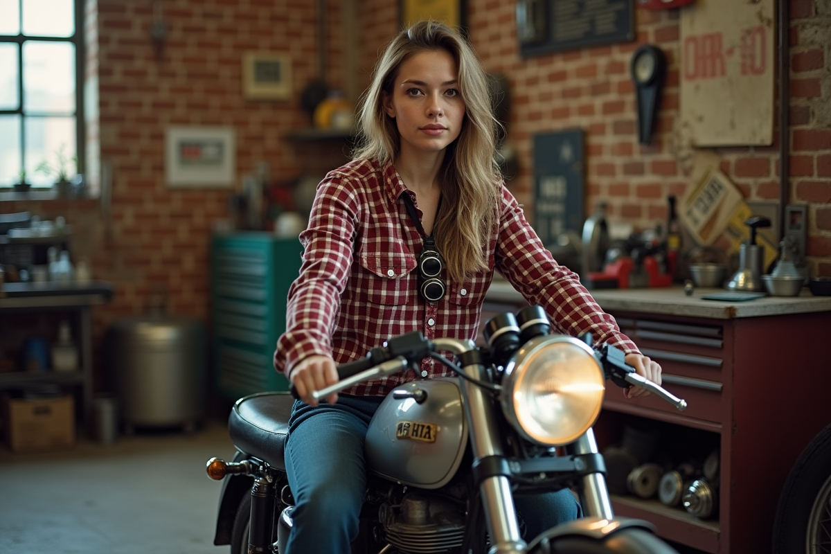 Jeune femme sur moto restaurée dans un garage vintage