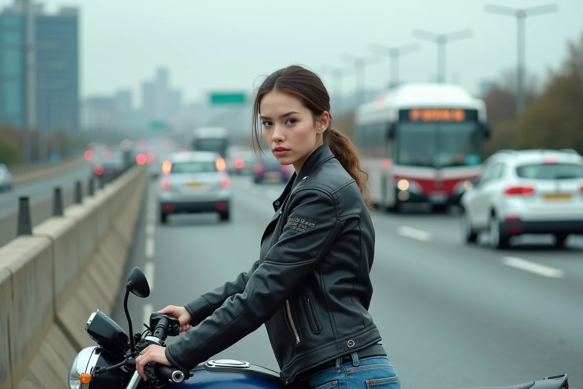Jeune femme en moto dans le trafic urbain