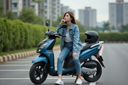 Jeune femme en denim et casque noir à côté d'une moto 125cc