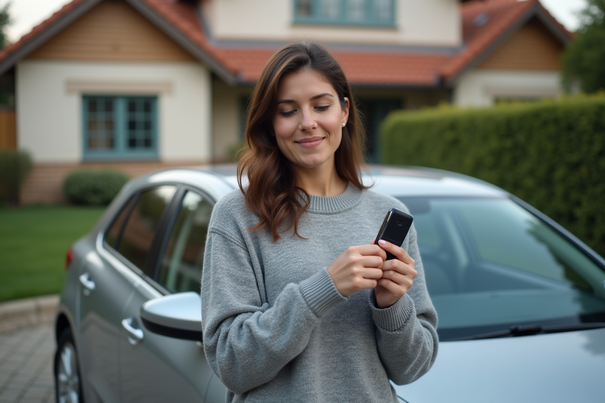 Jeune femme réparant sa télécommande de voiture dans la cour