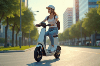 Jeune femme portant un casque sur un scooter électrique en ville