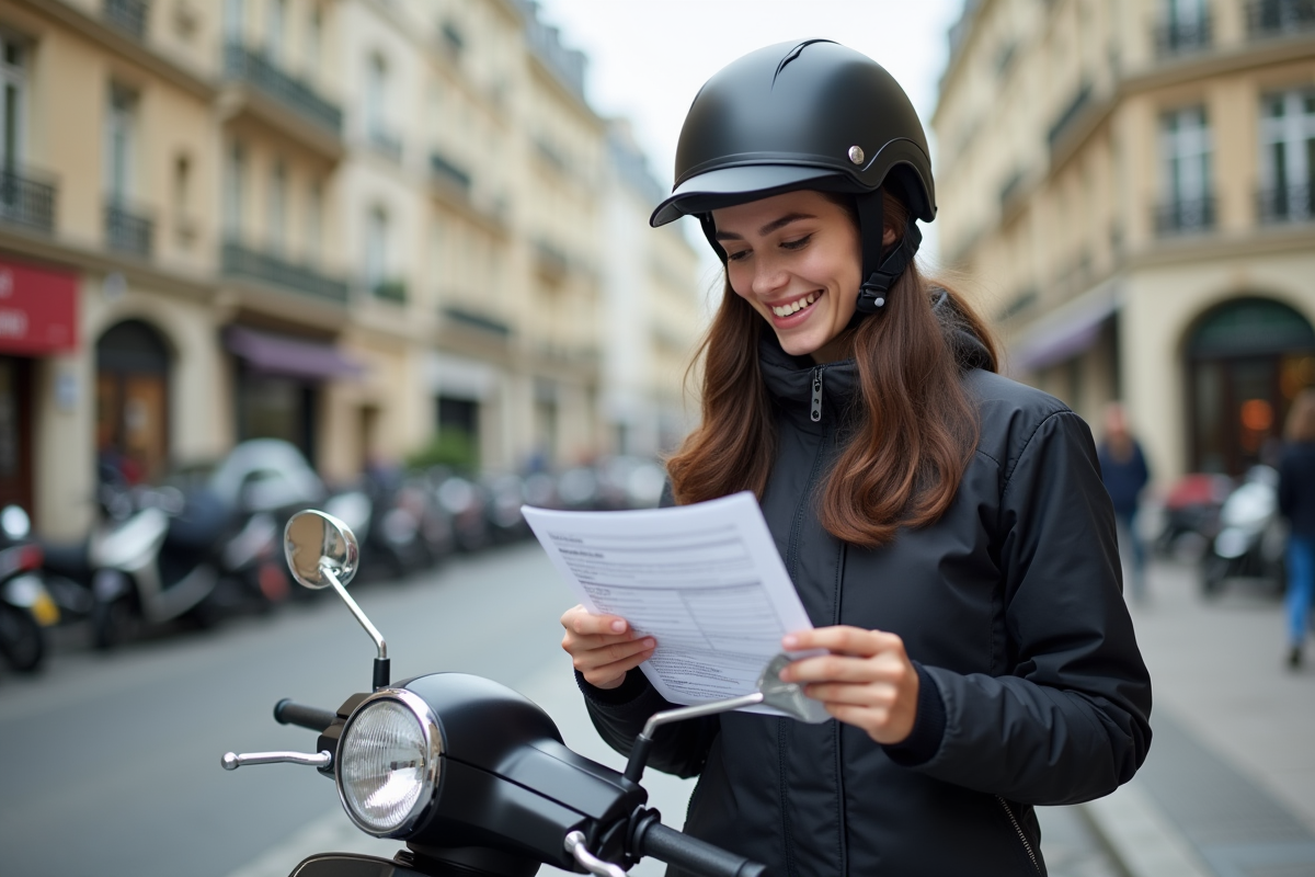 Jeune femme avec casque et scooter sur une rue parisienne
