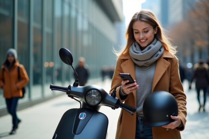 Jeune femme avec scooter en ville moderne