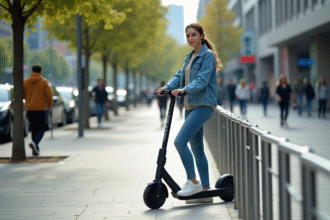 Jeune femme en denim garer scooter en ville