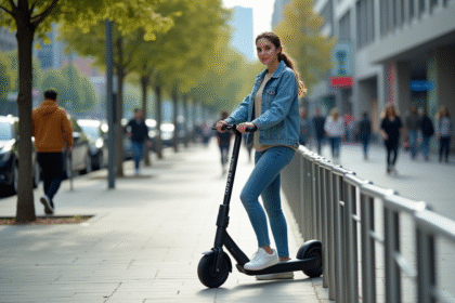 Jeune femme en denim garer scooter en ville