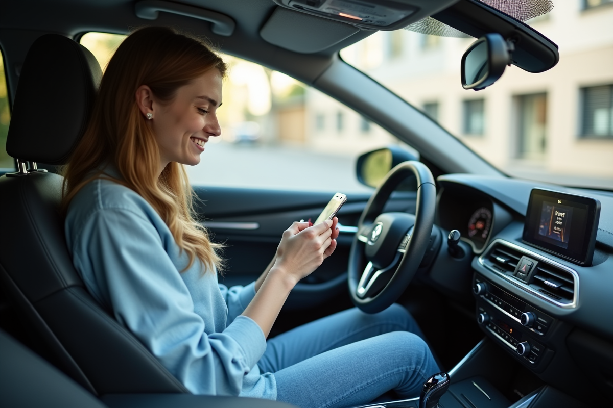 Jeune femme dans sa voiture utilisant Waze sur smartphone