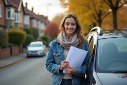 Jeune femme souriante avec voiture citadine et papiers d'assurance