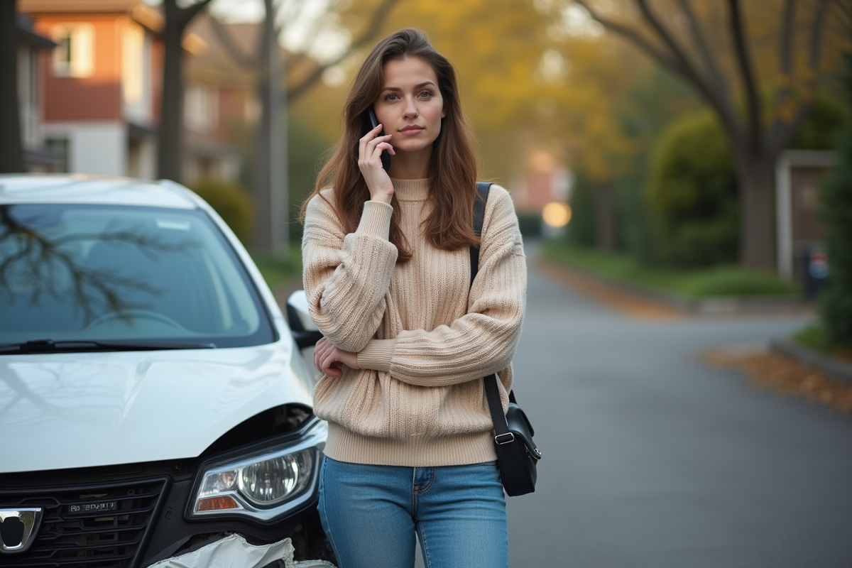Jeune femme avec voiture endommagée parlant au téléphone