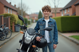 Jeune garçon de 16 ans avec casque et moto dans la rue