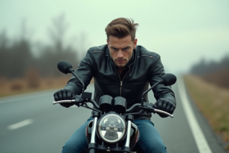 Jeune homme en moto contemplant la route