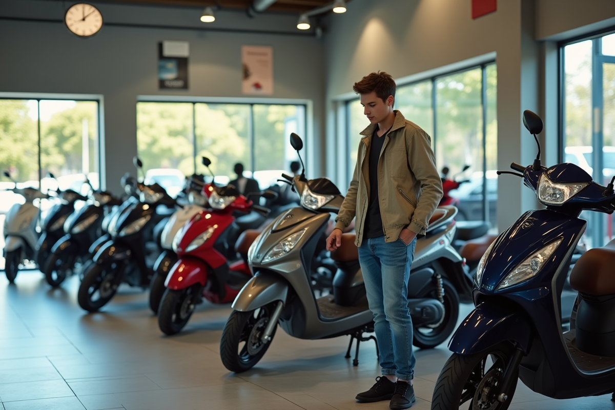 Jeune homme inspectant des motos 125cc dans un showroom