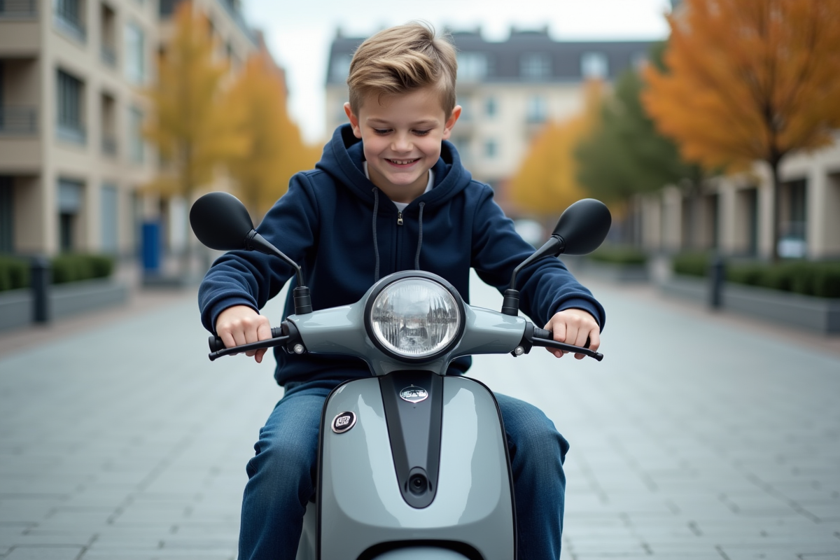 Jeune garçon souriant avec scooter en ville