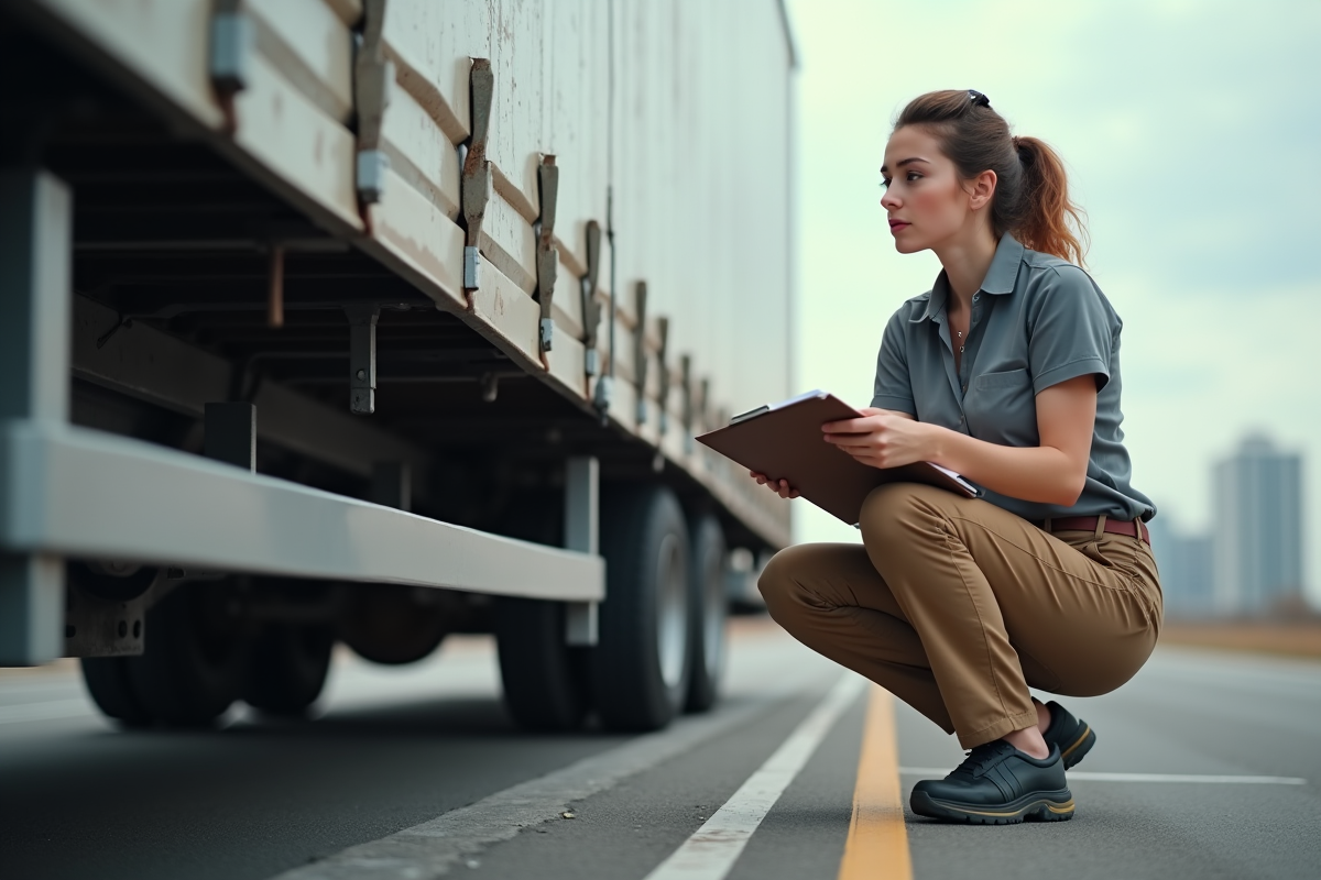 Femme logistique mesurant un camion sur la bascule