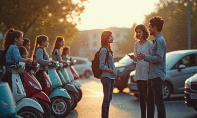 Jeunes attentifs à un instructeur de conduite près de scooters en extérieur