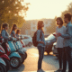 Jeunes attentifs à un instructeur de conduite près de scooters en extérieur