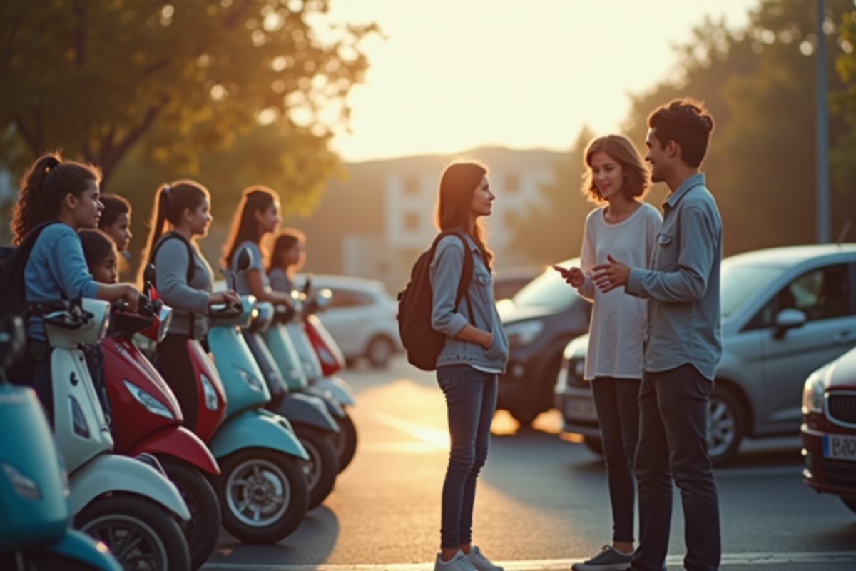 Jeunes attentifs à un instructeur de conduite près de scooters en extérieur