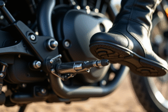 Premier plan d'un levier de vitesse de moto avec une botte prête à l'enfoncer