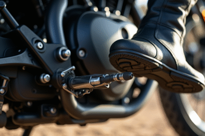 Premier plan d'un levier de vitesse de moto avec une botte prête à l'enfoncer