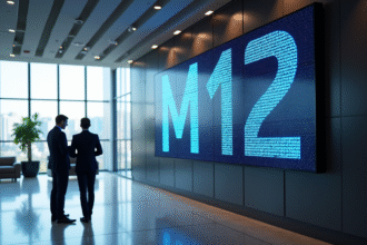 Lobby moderne avec panneau digital M12 et professionnels