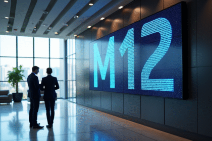 Lobby moderne avec panneau digital M12 et professionnels