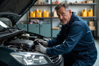 Mécanicien en coverall changeant un filtre à huile dans un garage