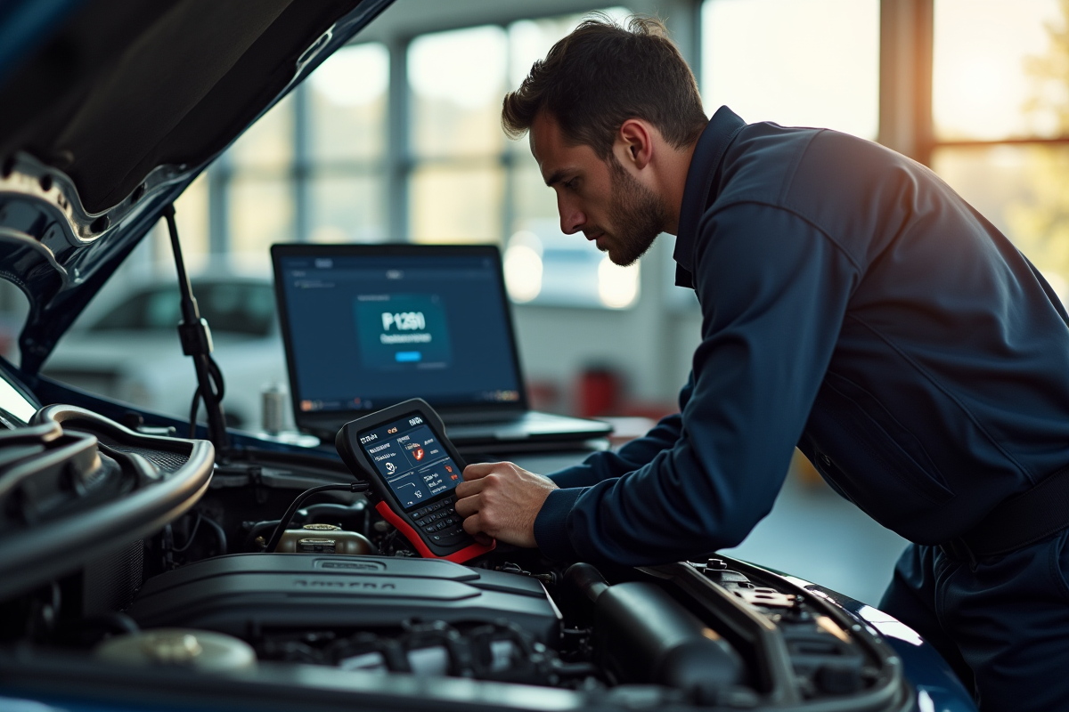 Mecanicien examinant un moteur avec code erreur P1351