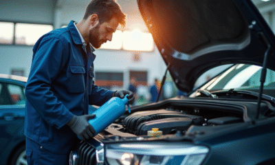 Mécanicien dans un garage moderne verse AdBlue dans un véhicule diesel
