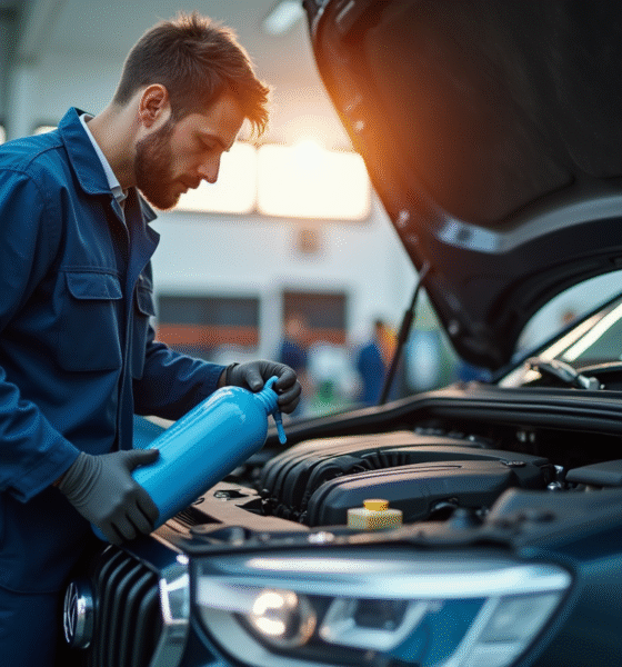 Mécanicien dans un garage moderne verse AdBlue dans un véhicule diesel