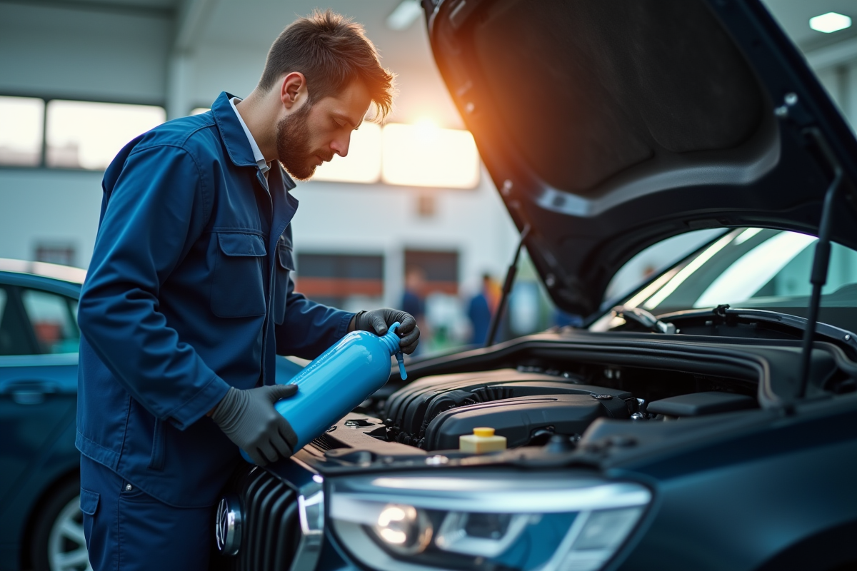 Mécanicien dans un garage moderne verse AdBlue dans un véhicule diesel