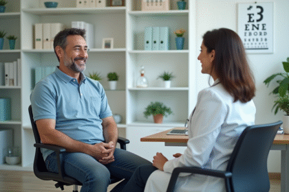 Homme d'âge moyen en consultation médicale rassurante