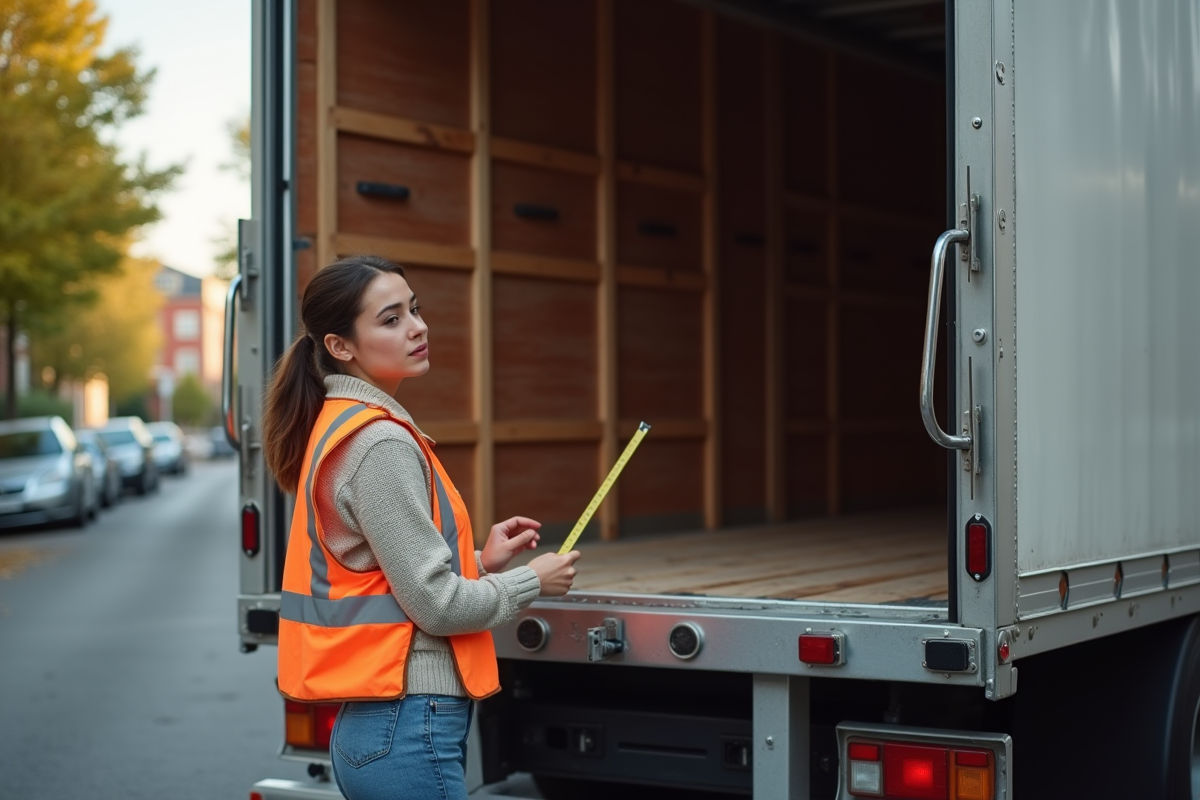 Jeune femme mesurant la cargaison d’un camion en ville