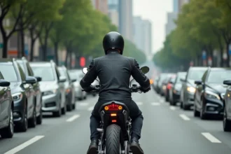 Motard homme en ville entre voitures stationnaires