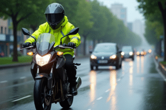 Motocycliste en sécurité sur route mouillée avec équipement réfléchissant