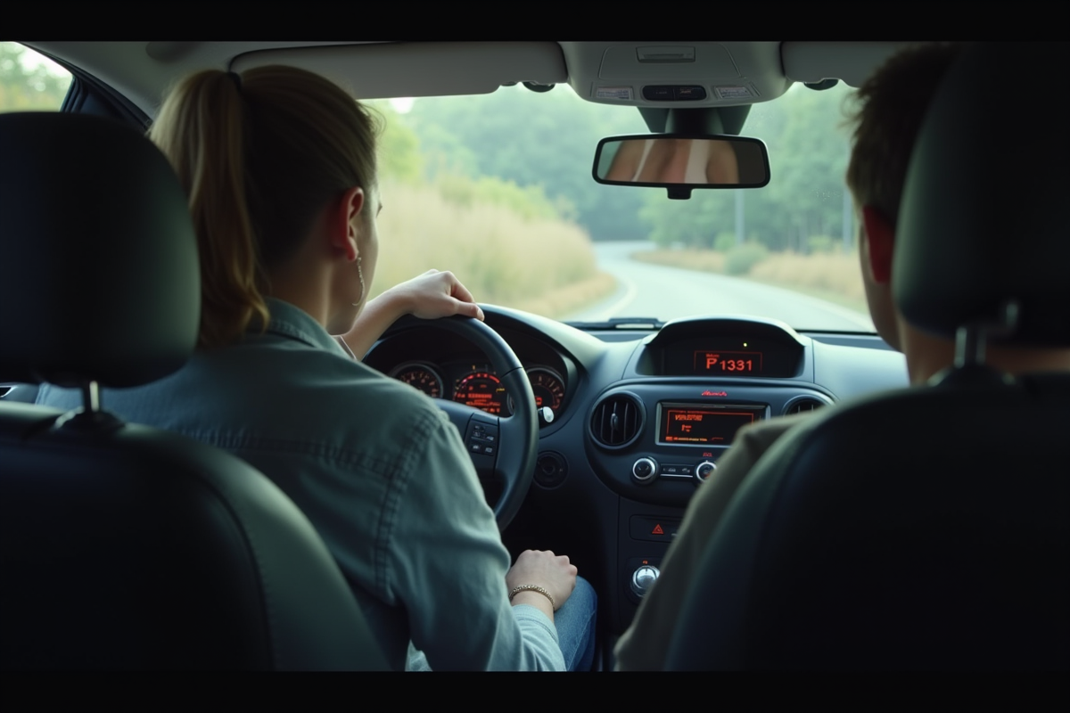 Propriétaire inquiet dans la voiture avec voyant d'alerte P1351