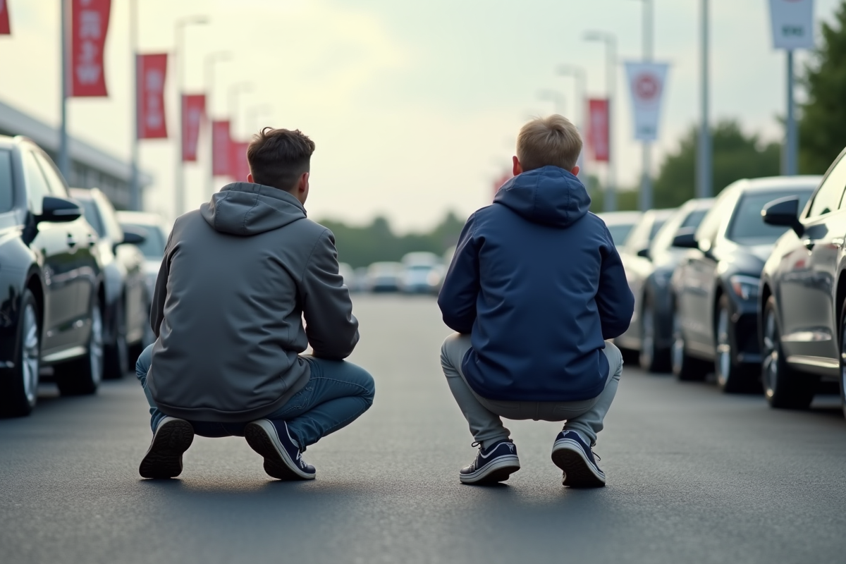 Père et enfant regardant des voitures dans un concessionnaire