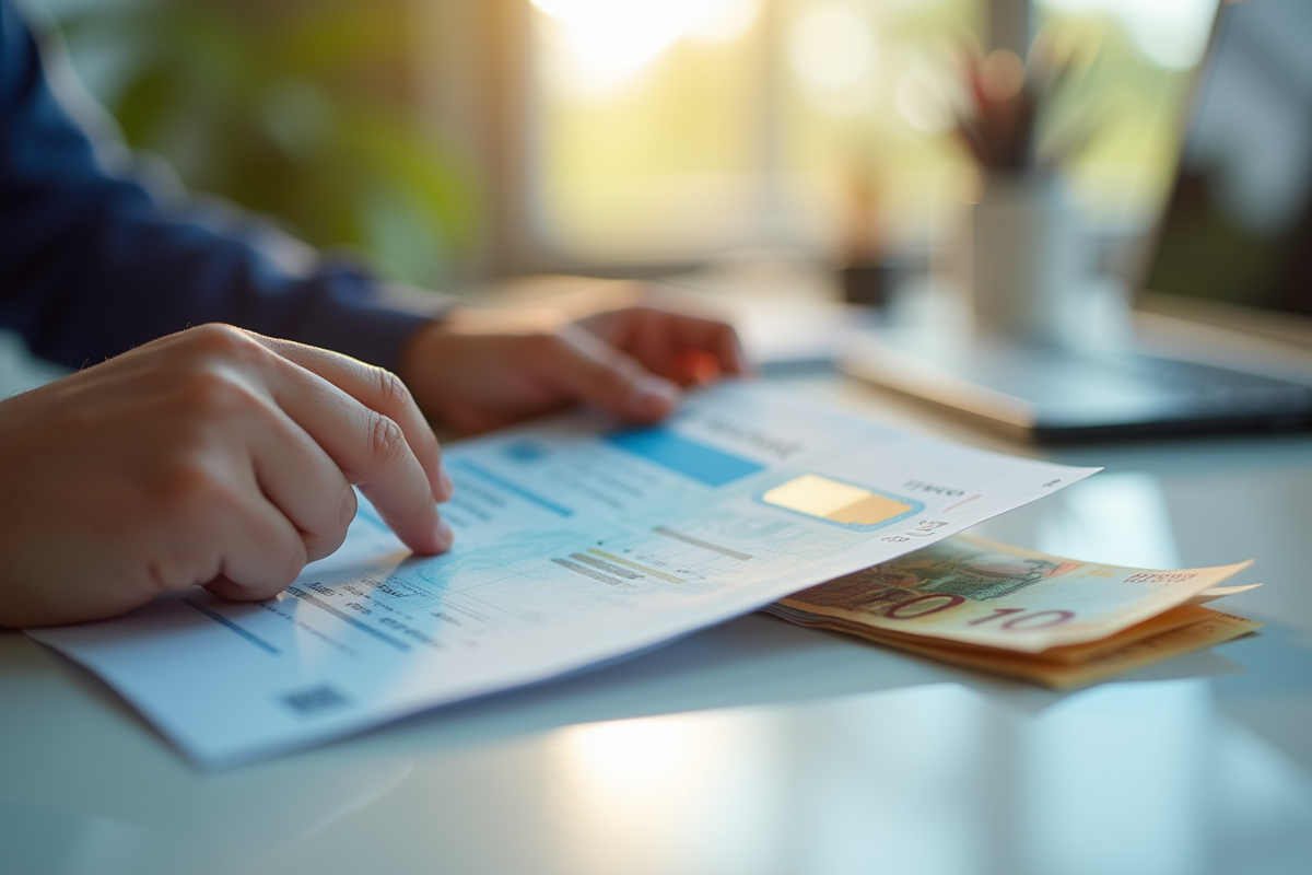 Mains tenant permis de conduire français et billets euros sur un bureau