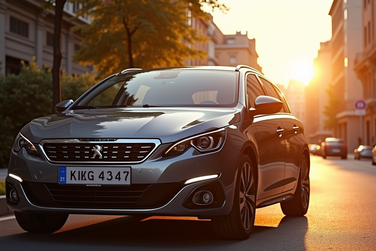 Peugeot 308 GT stationnée en ville en lumière dorée